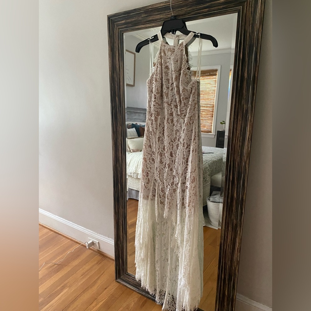 Hi- low backless lace dress, delicate lace, zip up